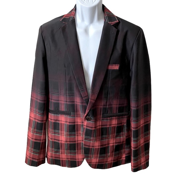 Kuxuan, Men’s Ombré Black and Red Plaid One Button Jacket Coat Blazer - Picture 1 of 6